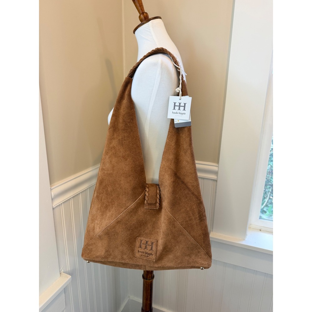 NWT Haute Hippie Style Suede Boho Hobo Bag Braided Strap Cognac Brown Large Fall
